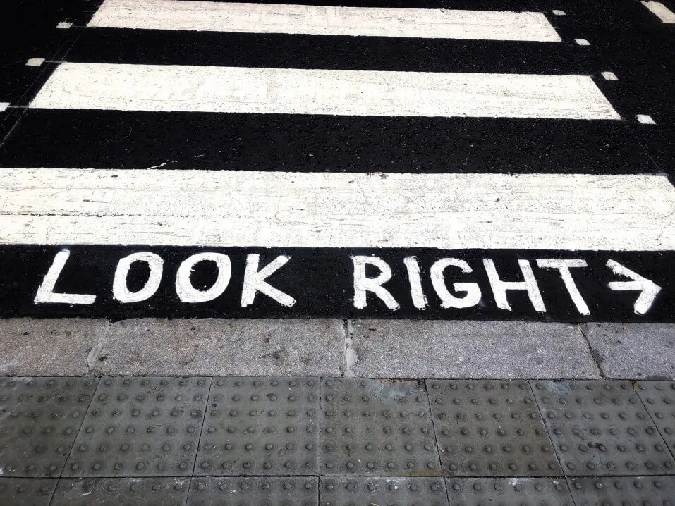 Image of a crosswalk with the words Look Right and an arrow