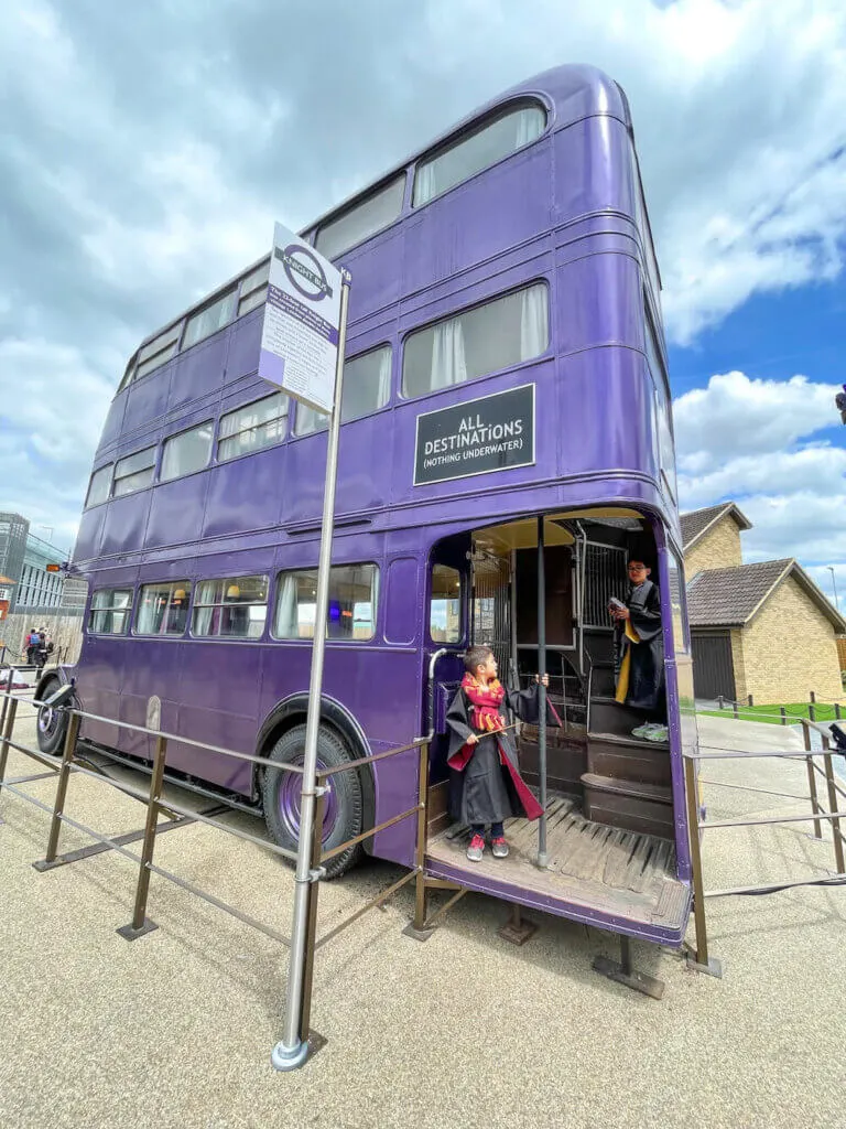 Image of 2 boys posing inside a purple triple-decker bus