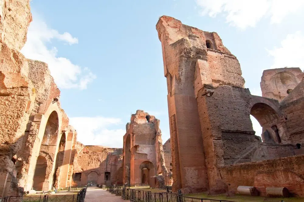 Baths of Caracalla in Rome.  The Baths of Caracalla became the most luxurious bath complex in Rome. It was built between 212 and 217 A.D. The building was destroyed by an earthquake in 847, but since 537 is not used because the water channels were destroyed in a war.