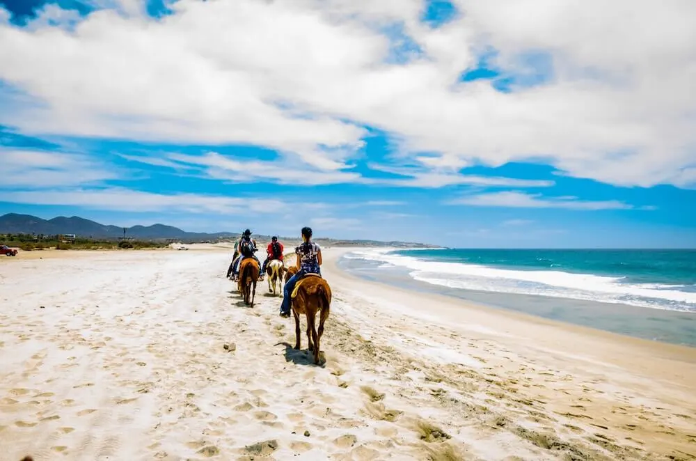 Image of Tourists horseback riding on the beach in Cabo San Lucas, Baja California.