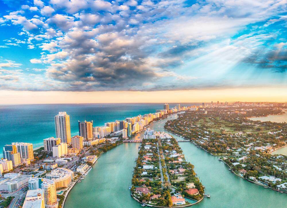 Image of Aerial view of Miami Beach at sunset.
