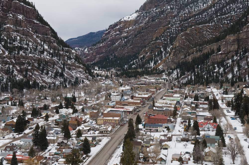 Looking down on Ouray, Colorado in winter.