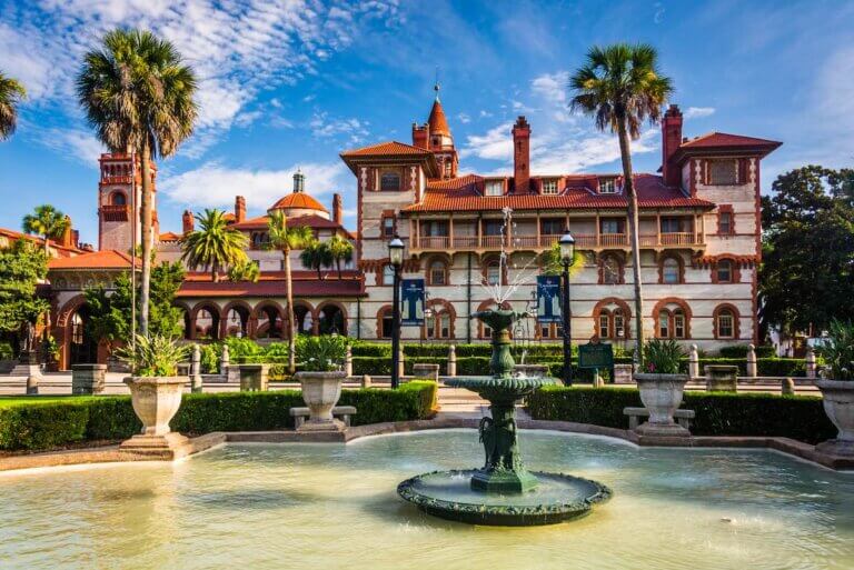 Find out the best cities in the USA to visit in spring by top family travel blog Marcie in Mommyland. Image of Fountains and Ponce de Leon Hall in St. Augustine, Florida.
