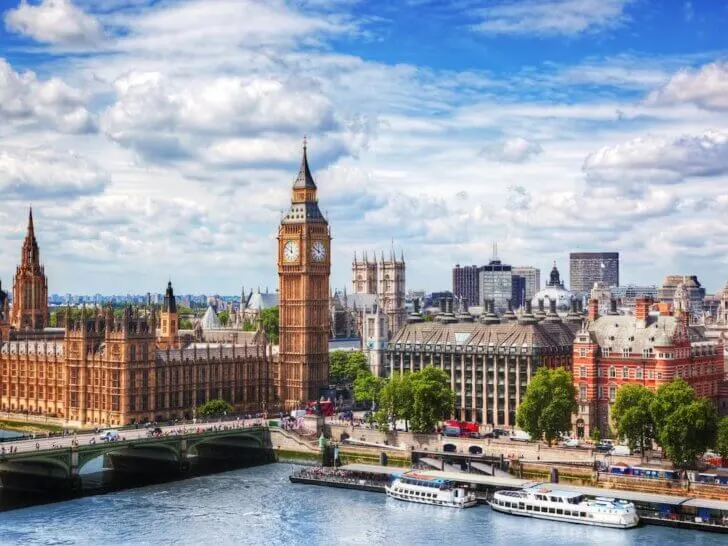 Find out the best family-friendly hotels in London England recommended by top family travel blog Marcie in Mommyland. Image of Big Ben, Westminster Bridge on River Thames in London, the UK. English symbol. Lovely puffy clouds, sunny day