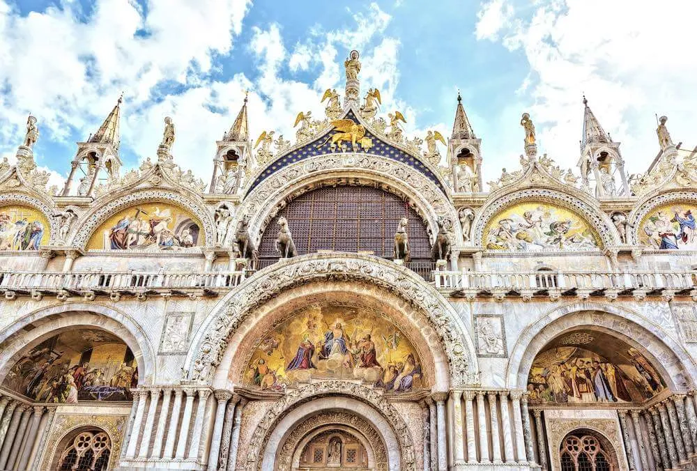 Saint Marc's Basilica Venice, Italy. Gorgeous western facade of St Mark's Cathedral symbol of wealth and power history