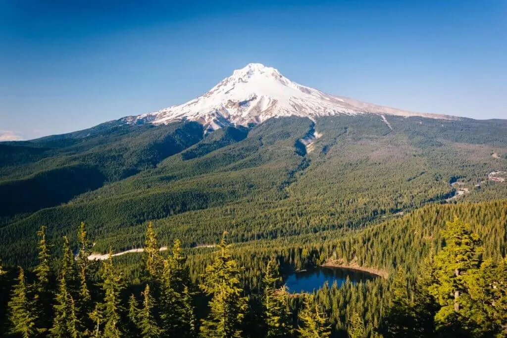 View of Mount Hood and Mirror Lake, from Tom, Dick, and Harry Mountain, in Mount Hood National Forest, Oregon.