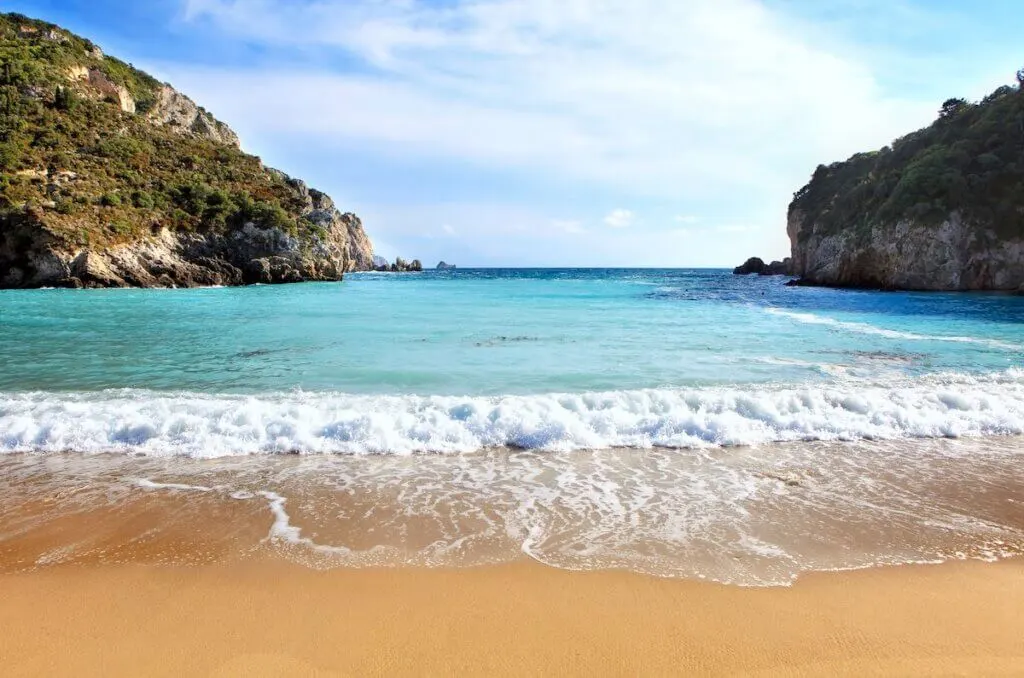 A view of Paleokastritsa beach on Corfu, Greece, one of the Island's most popular resorts.