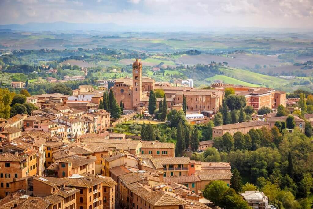 Aerial view over city of Siena, Italy