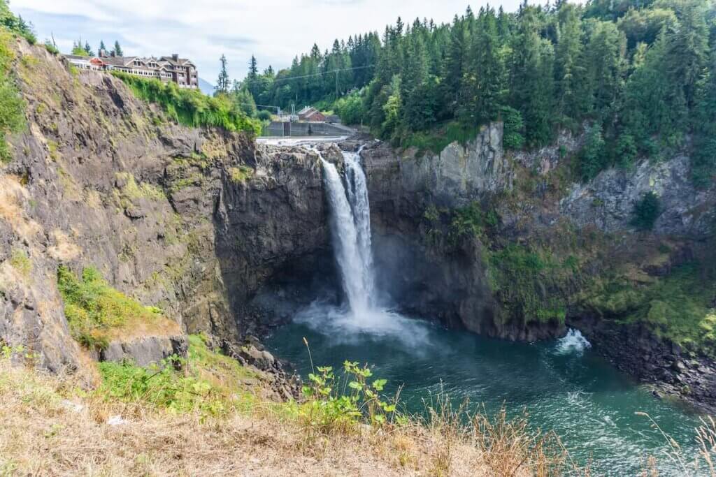A view of cascading water at Snoqualmie Falls in Washington State.