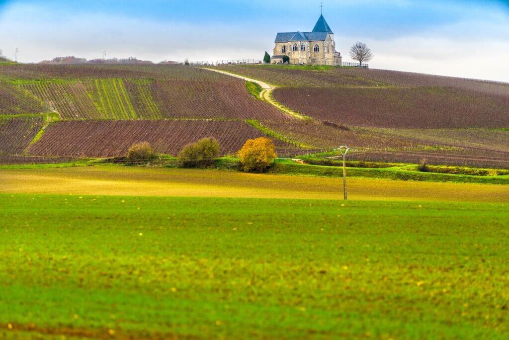Vineyards And Chavot Courcourt Church In Champagne Area, Epernay, France