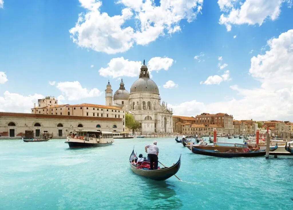 Image of Grand Canal and Basilica Santa Maria della Salute, Venice, Italy and sunny day