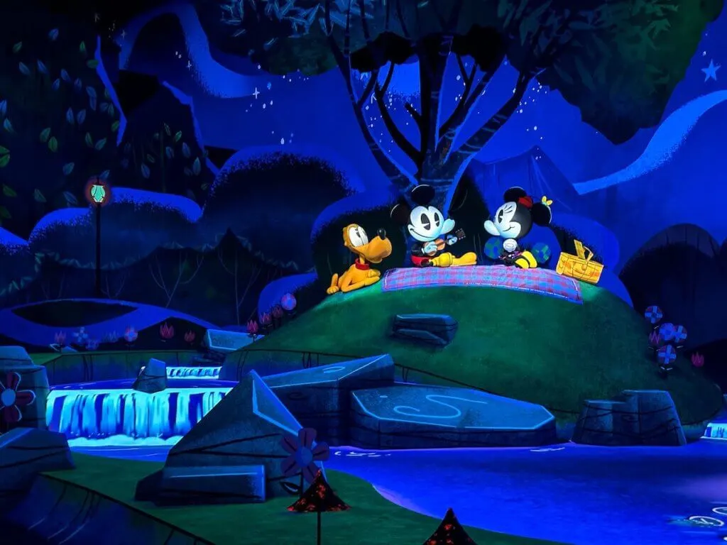 Image of Mickey, Minnie, and Pluto in Mickey & Minnie's Runaway Railway ride at Disneyland Toontown