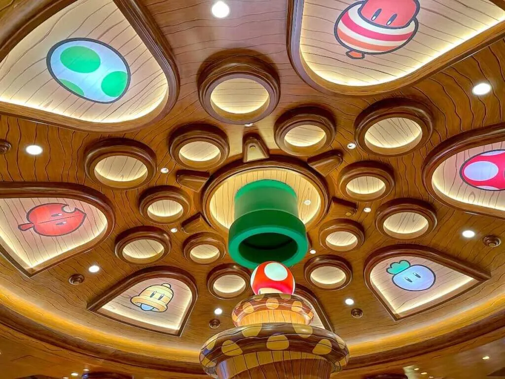 Image of the ceiling of the Toadstool Cafe at Super Nintendo World California. 