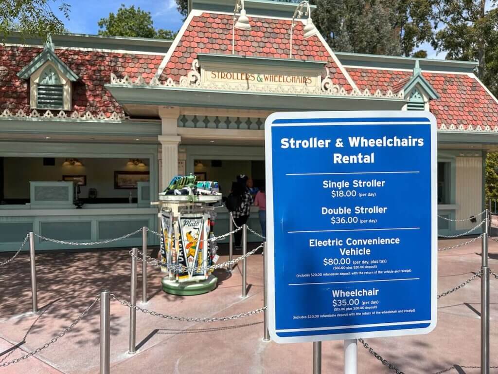 Image of the stroller rental sign at Disneyland