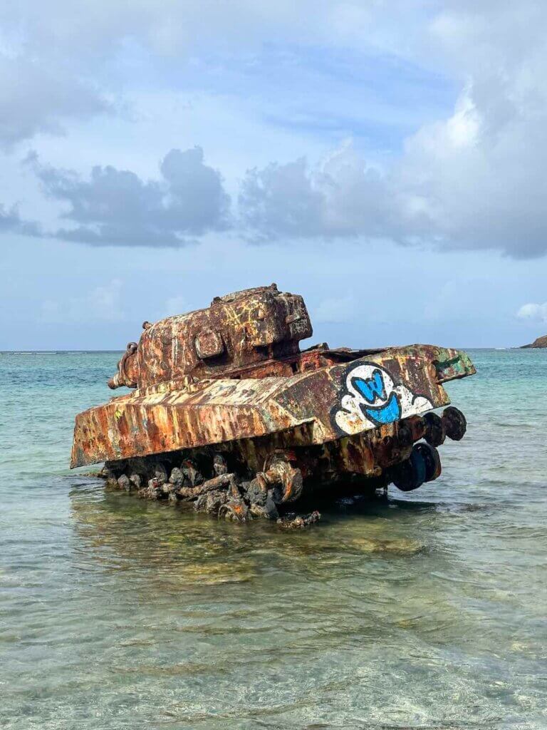 Image of an abandoned tank in the water at Flamenco Beach on Culebra, Puerto Rico