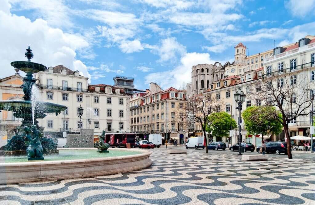 Image of Rossio square with fountain located at Baixa district in Lisbon, Portugal