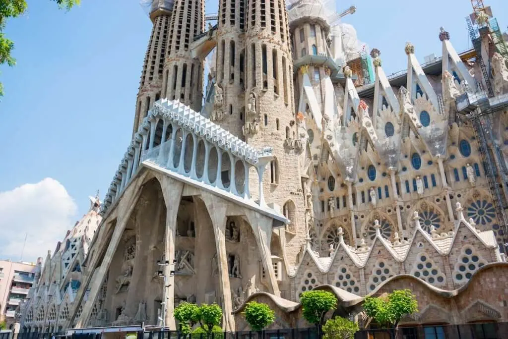 Image of Part of the facade of Sagrada Familia in summer, Barcelona, Spain