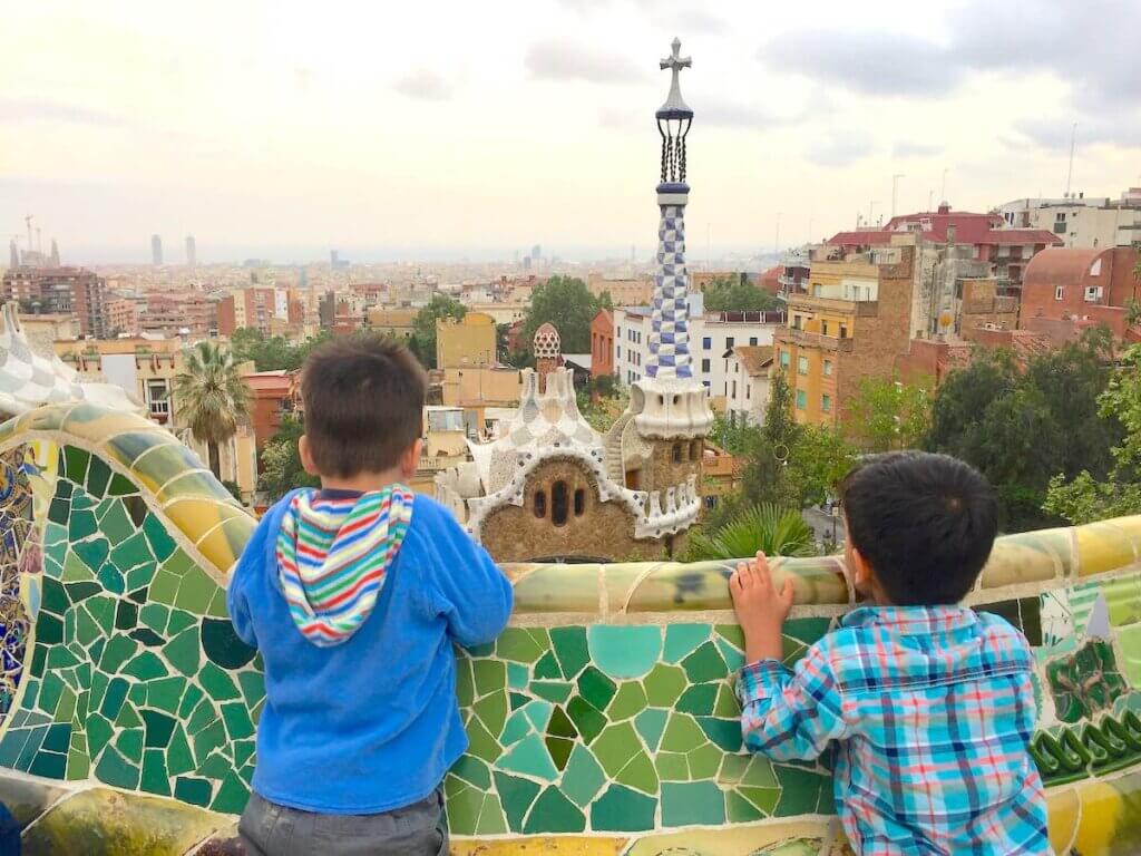 Image of two toddlers at Park Guell in Barcleona, Spain