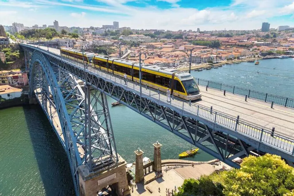 Image of Panoramic aerial view of Dom Luis Bridge in Porto in a beautiful summer day, Portugal