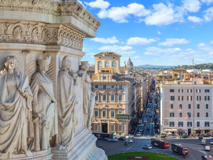 Find out the Best Rome Hotels for Families recommended by top family travel blog Marcie in Mommyland. Image of Narrow Rome street view from Altar of the Fatherland, Italy