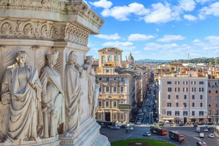 Find out the Best Rome Hotels for Families recommended by top family travel blog Marcie in Mommyland. Image of Narrow Rome street view from Altar of the Fatherland, Italy