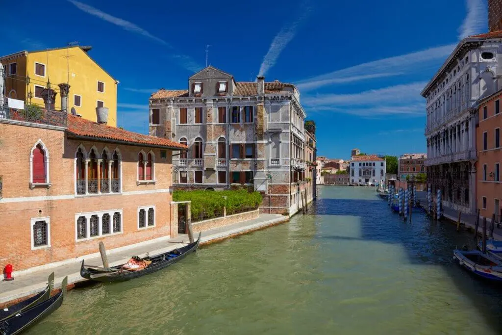 View on Canal Cannaregio from Guglie bridge ( Ponte delle Guglie ) in Venice, Italy