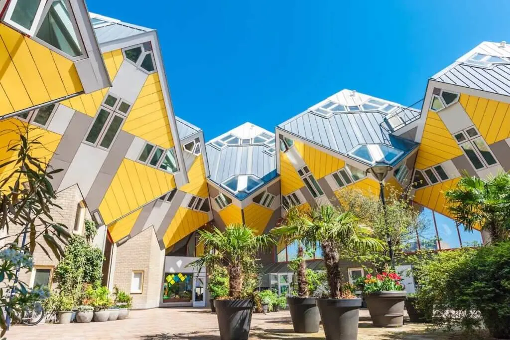 Beautiful square inside yellow cube houses in Rotterdam, Netherlands