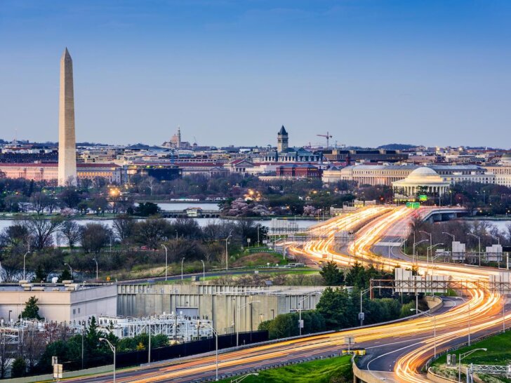 Check out this list of the Best Washington DC Hotels for Families recommended by top family travel blog Marcie in Mommyland. Image oef Washington, D.C. cityscape with Washington Monument and Jefferson Memorial.