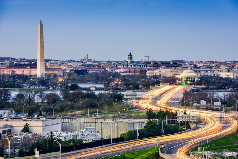 Check out this list of the Best Washington DC Hotels for Families recommended by top family travel blog Marcie in Mommyland. Image oef Washington, D.C. cityscape with Washington Monument and Jefferson Memorial.