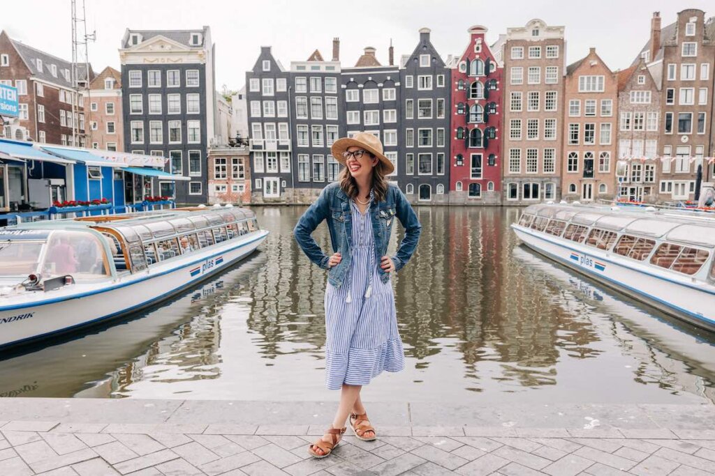 Image of a woman wearing a blue and white striped dress in Amsterdam