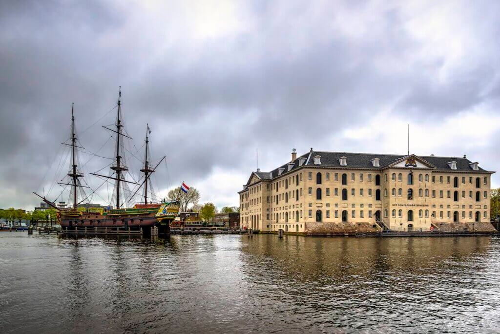 The National Maritime Museum in Amsterdam, Netherlands and a beautiful VOC ship replica.
