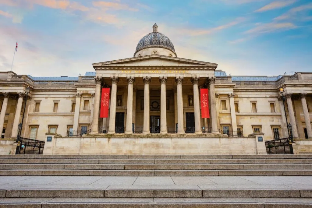 London, UK - May 13 2018: The National Gallery in Trafalgar Square founded in 1824, it houses a collection of over 2,300 paintings dating from the mid-13th century to 1900