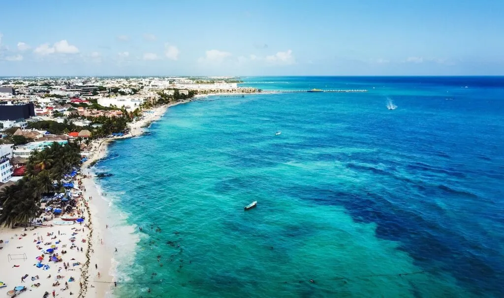 Aerial view of famous Playa del Carmen public beach in Quintana roo, Mexico