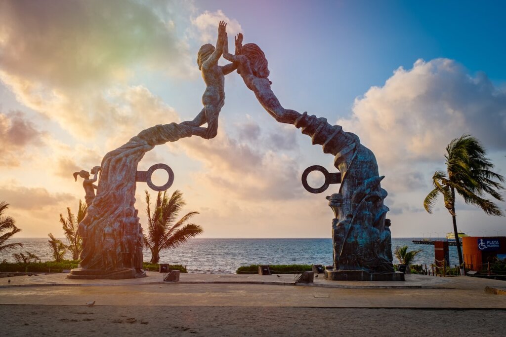 Fundadores park at sunrise at the beach town of Playa del Carmen in Mexico