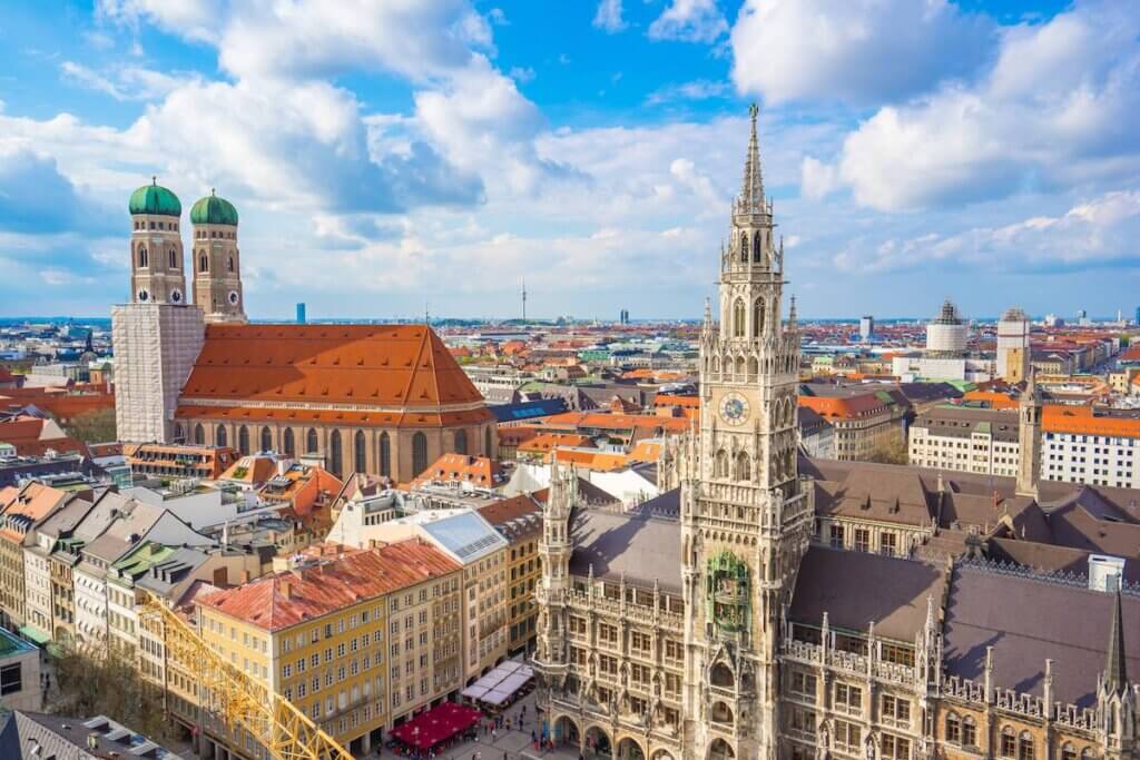 Aerial view of Marienplatz town hall and Frauenkirche in Munich, Germany.