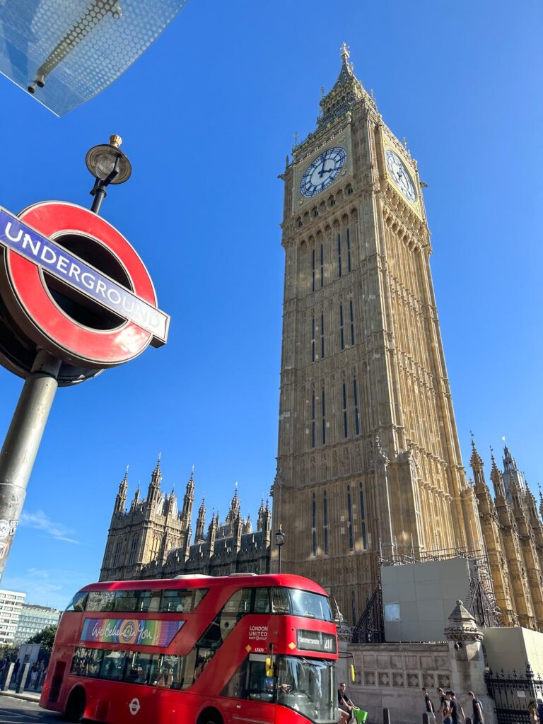 Image of Big Ben, a London Underground sign, and a red double decker bus
