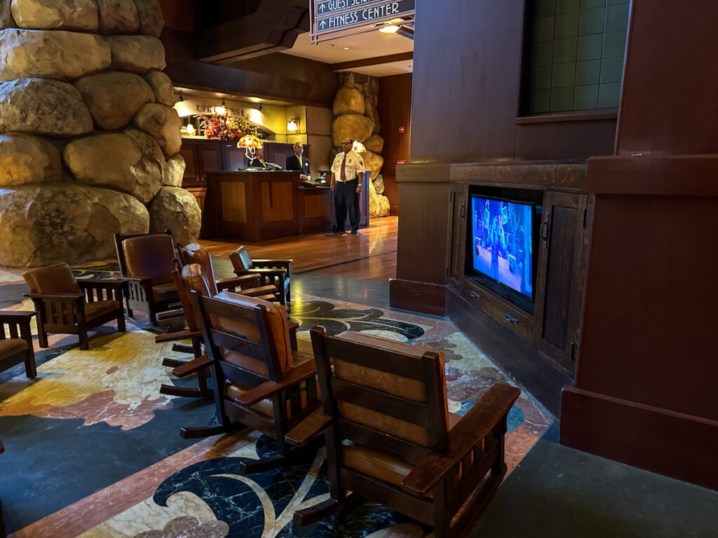 Image of little rocking chairs in the hotel lobby of the Disney Grand Californian Hotel