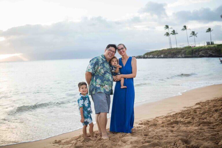 Check out the best family resorts in Maui Hawaii recommended by top family travel blog Marcie in Mommyland. Image of Marcie Cheung and her family on Maui.