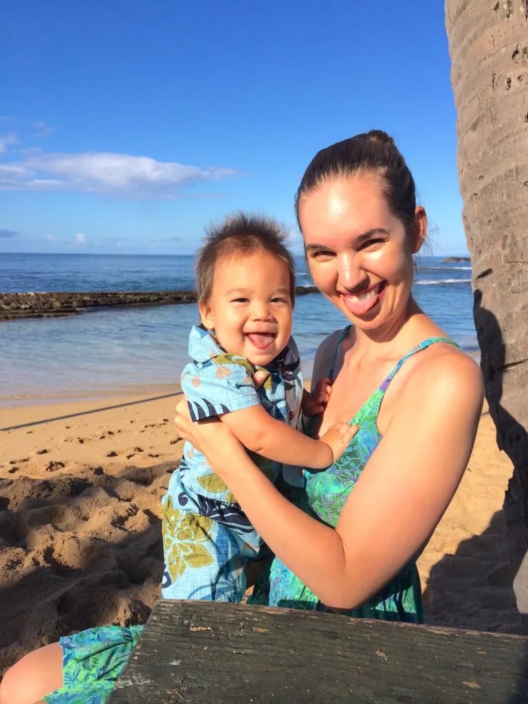 Image of Marcie Cheung and her son on a beach in Hawaii. Photo credit: Marcie Cheung of Marcie in Mommyland