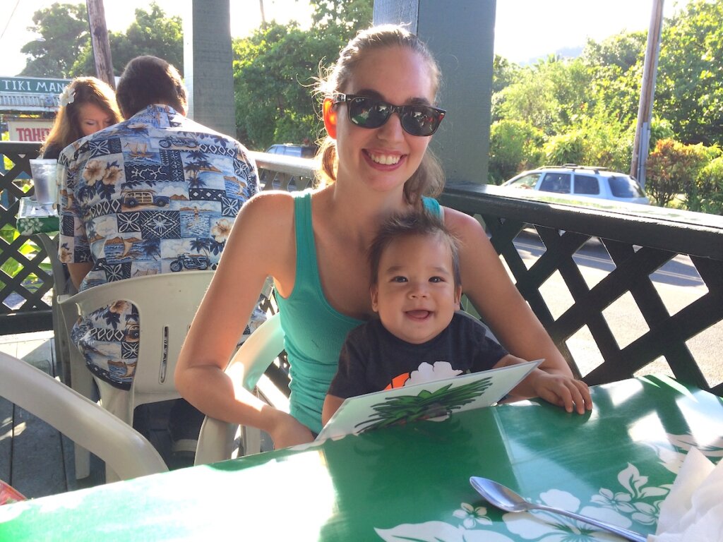 Image of Marcie Cheung and her baby at a restaurant in Hawaii. Photo credit: Marcie Cheung of Marcie in Mommyland