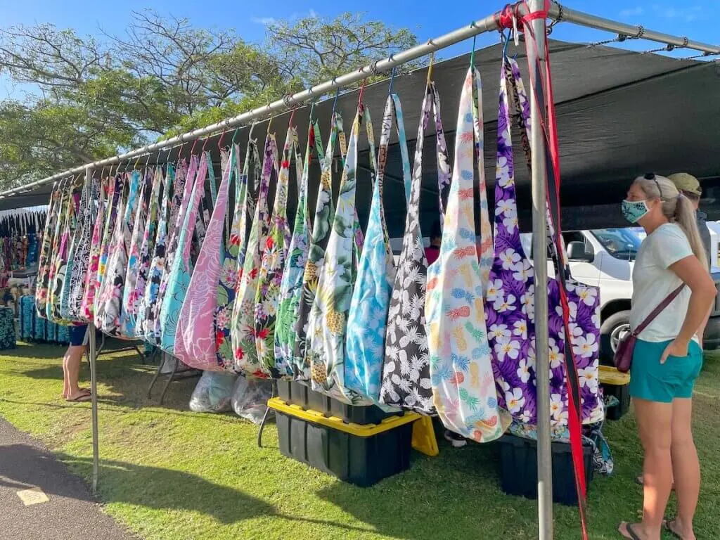 Image of Hawaiian print bags at the Maui Swap Meet. Photo credit: Marcie Cheung of Marcie in Mommyland