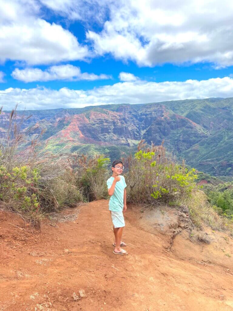 Image of a boy at Waimea Canyon on Kauai. Photo credit: Marcie Cheung of Marcie in Mommyland