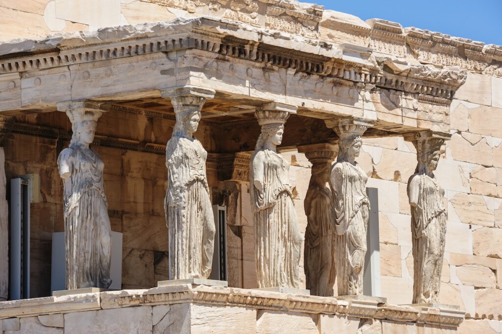 Image of Six Caryatids or karyatides at Porch of the Erechtheion in Acropolis at Athens.
