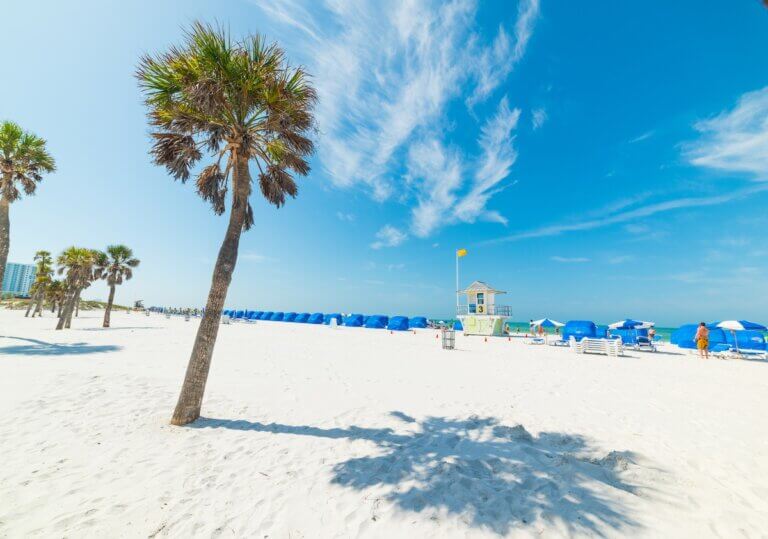 Check out the best day trips from Disney World recommended by top family travel blog Marcie in Mommyland. Image of White sand and palm trees in Clearwater. Florida, USA