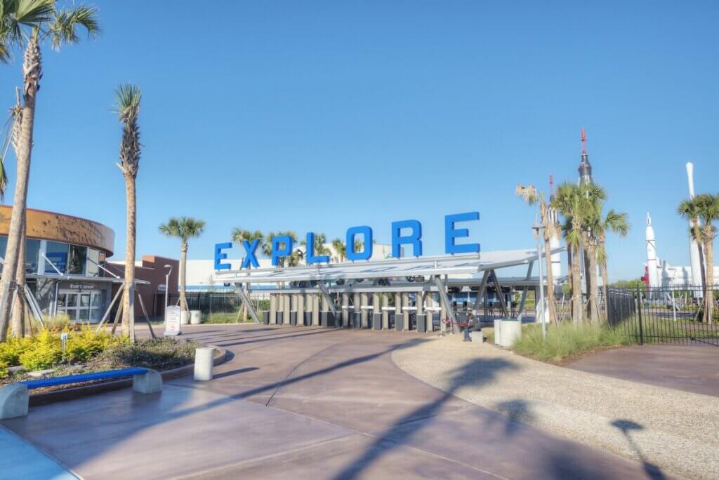 Image of the Explore sign at the Kennedy Space Center in Florida.