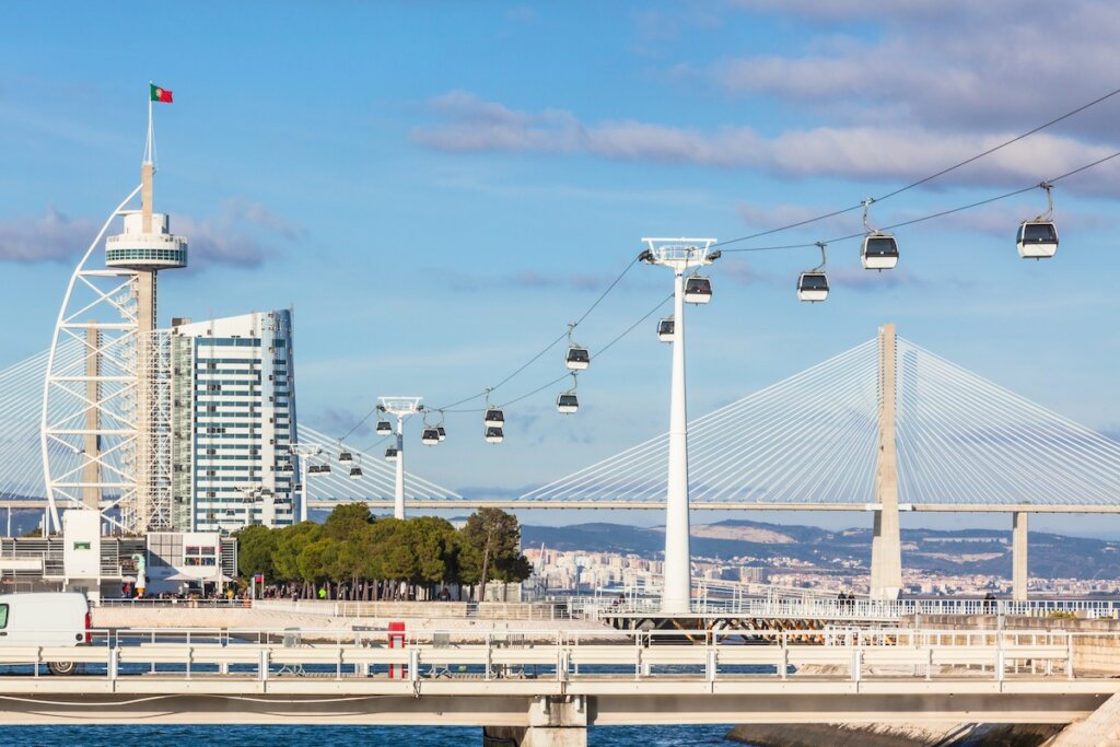 Image of Cable car in Expo district, Lisbon, Portugal. Horizontal shot