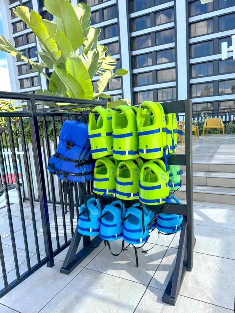 Image of life jackets at the Pixar Place Hotel pool. Photo credit: Marcie Cheung