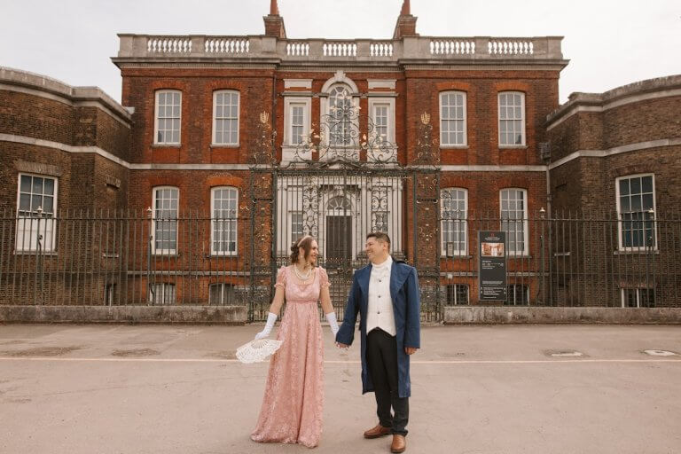 Find out how to book a Bridgerton-themed photo shoot in London with Flytographer. Image of Marcie Cheung and her husband in front of the Bridgerton House