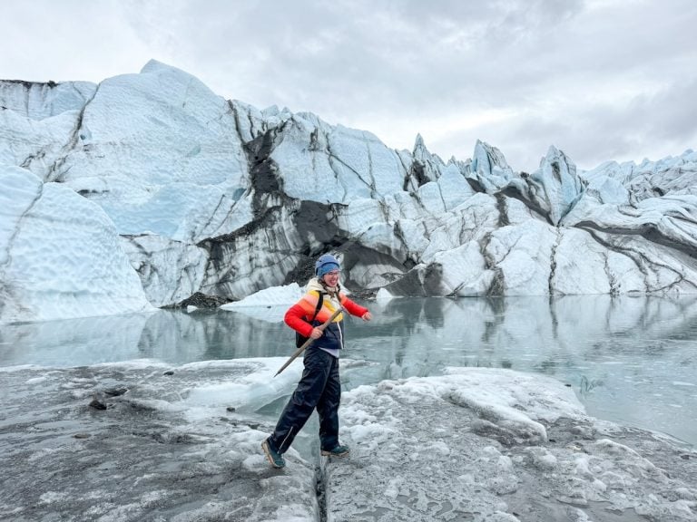 Find out how to spend 5 days in Alaska with this Alaska itinerary from top travel blog Marcie in Mommyland. Image of Marcie Cheung at Matanuska Glacier