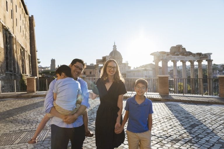 Find out the best Rome family travel tips from top family travel blog Marcie in Mommyland. Image of Marcie Cheung and her family in Rome, Italy.